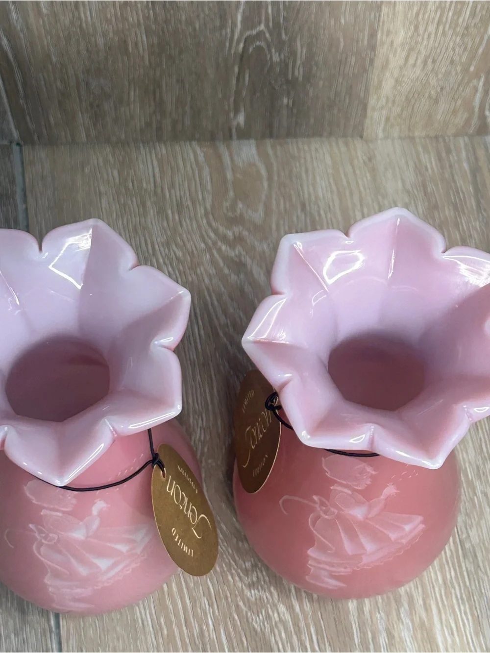 Vintage Fenton Rose Quartz Sand Carved Glass Vases Pair Limited Edition 7.5